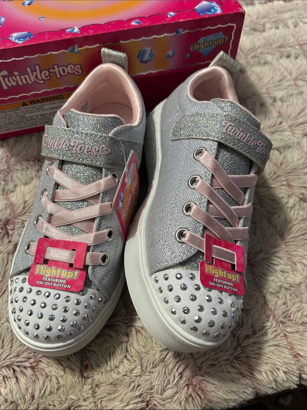 Skechers Twinkle Toes Light  Up Silver Glitter Sneakers  size 2.5